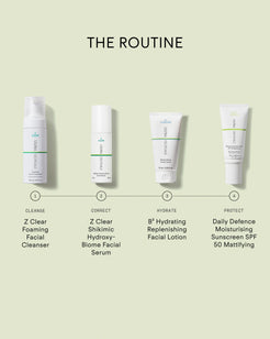 Ultraceuticals Z Clear routine: Foaming Facial Cleanser, Shikimic Hydroxy-Biome Serum, B² Hydrating Lotion and Daily Defence SPF 50